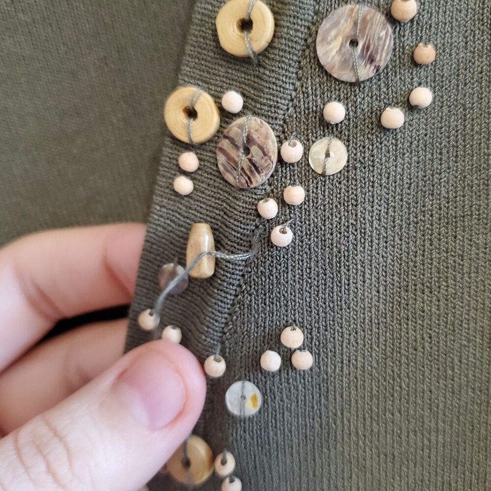 Chico's Olive Green Open Front Beaded Cardigan Size 3 US XL Boho Artsy Office - Picture 9 of 11